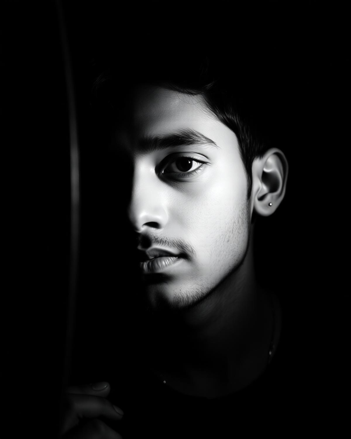 Portrait of a young artist half in shadow